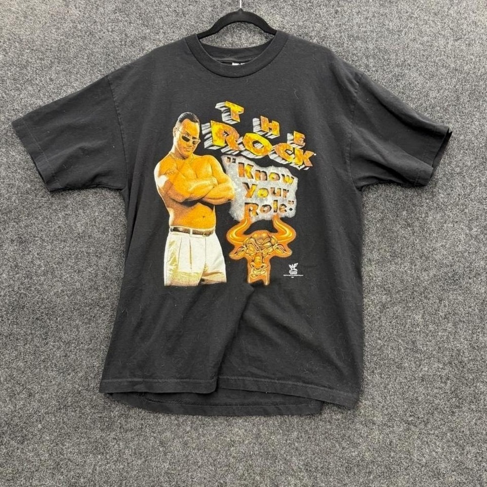 Vintage WWF The Rock Know Your Role Tee Men's XL Black 90s Wrestling Shirt